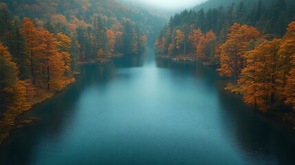 Autumn lake in a misty forest