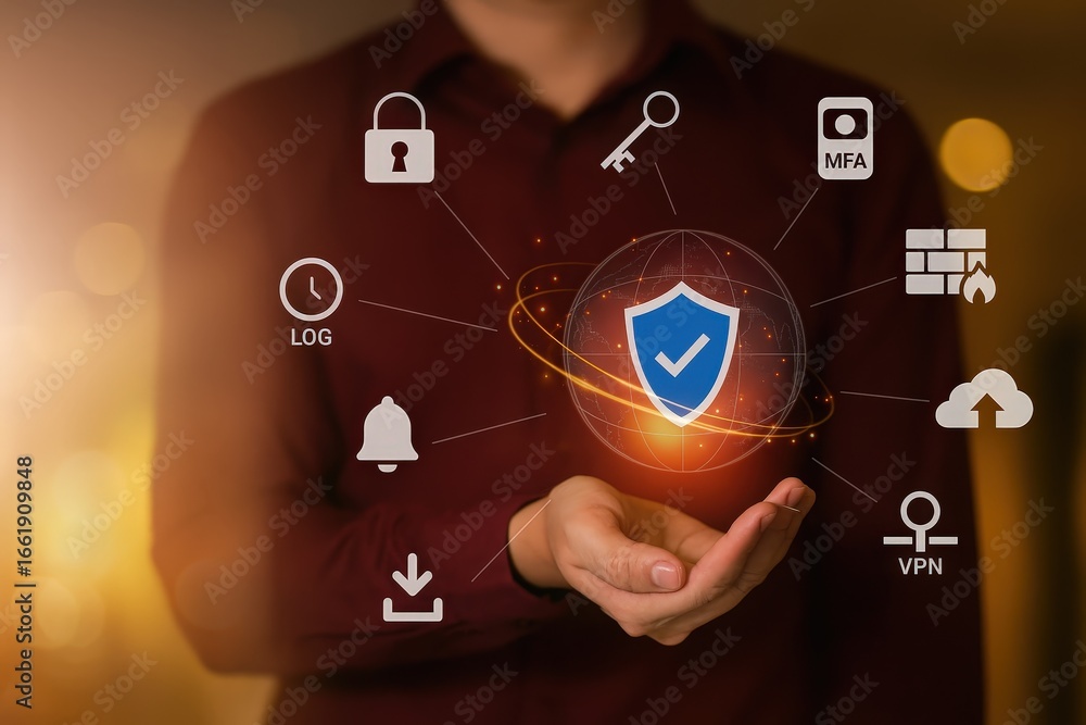 Poster a person holds a digital representation of a secure network with various security symbols, including