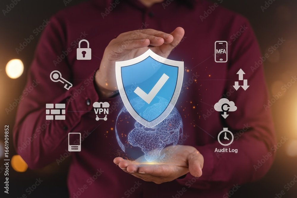 Poster a person's hands hold a digital shield, representing secure network protection and various security 