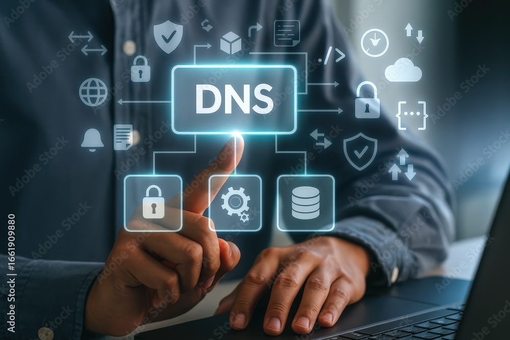 Poster A person interacts with a digital interface displaying DNS functionalities and security measures.