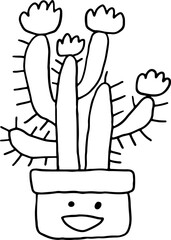 Cute flower smiling pot with prickly cactus with flowers. Hand drawn doodle children drawings, contours with curved black lines in grunge style