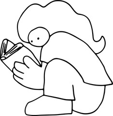Young woman sits bent over and reads a book enthusiastically, vector design in corporate memphis style, grunge style curved black lines outlines