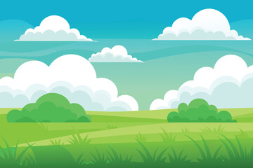 Obraz premium Cartoon Landscape with Green Fields, Bushes, White Clouds and Light Blue Sky Backdrop