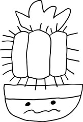 Cute flower pot with dissatisfied face with cactus with thorns with flower. Hand drawn doodle children drawings, contours with curved black lines in grunge style