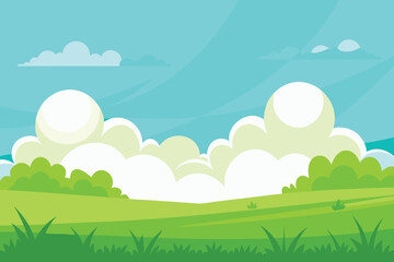 Cartoon Landscape with Rolling Green Hills, Trees, White Clouds, and a Light Blue Sky