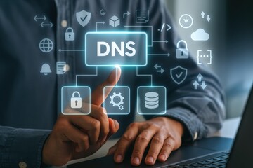 Obraz premium A person interacts with a digital interface displaying DNS functionalities and security measures.