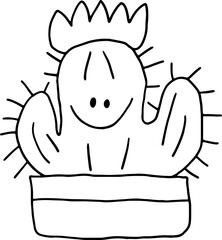 Cute happy smiling cactus with flower on top in flowerpot. Hand drawn doodle children drawings, contours with curved black lines in grunge style