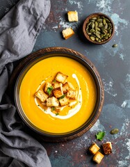 Creamy pumpkin soup with croutons