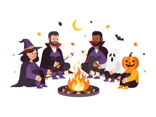 Halloween Campfire Gathering: An illustrated Halloween scene depicts a group of diverse figures around a campfire. A witch, a vampire, a ghost, and a jack-o'-lantern gather around a lively bonfire.