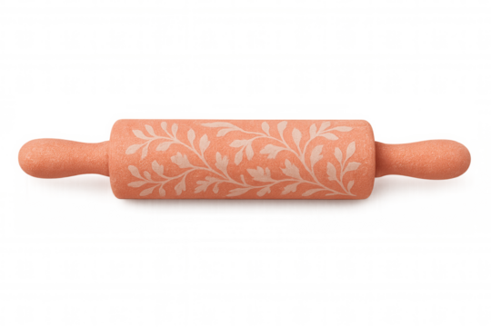 Orange rolling pin with a white floral pattern, isolated on transparent background, ideal for baking and kitchen concepts