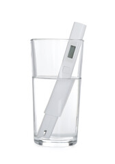 Nitrate tester in glass of water isolated on white