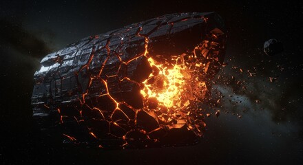 Highly detailed sci-fi visualization of a giant asteroid shattering in outer space. Glowing magma bursts from within as the rock fragments scatter into the void, capturing the moment of cosmic destruc