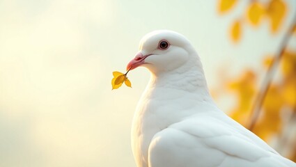 A white dove holds a yellow leaf in its beak, with a soft, bright background and blurred autumn foliage.