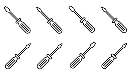 Vector art of a set of eight identical screwdrivers arranged in two rows on an, showcasing their design and utility for various repair and construction tasks