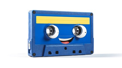 Fototapeta premium A cute and cheerful audio cassette tape character. The blue cassette features a smiling face with round eyes