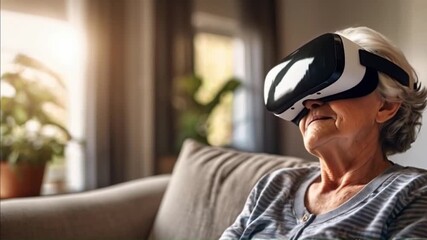 senior woman experiencing virtual reality at home - Powered by Adobe