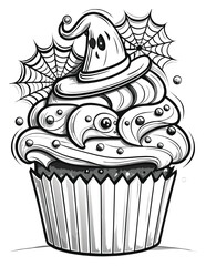 Creepy Spooky Kawaii Halloween Cupcakes, Donuts, and Candy Grayscale Coloring Page