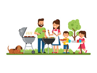 Summer Barbecue Celebration: A happy family gathers for a summer barbecue, grilling food, the air filled with laughter and the aroma of delicious food. capturing the essence of a perfect day.