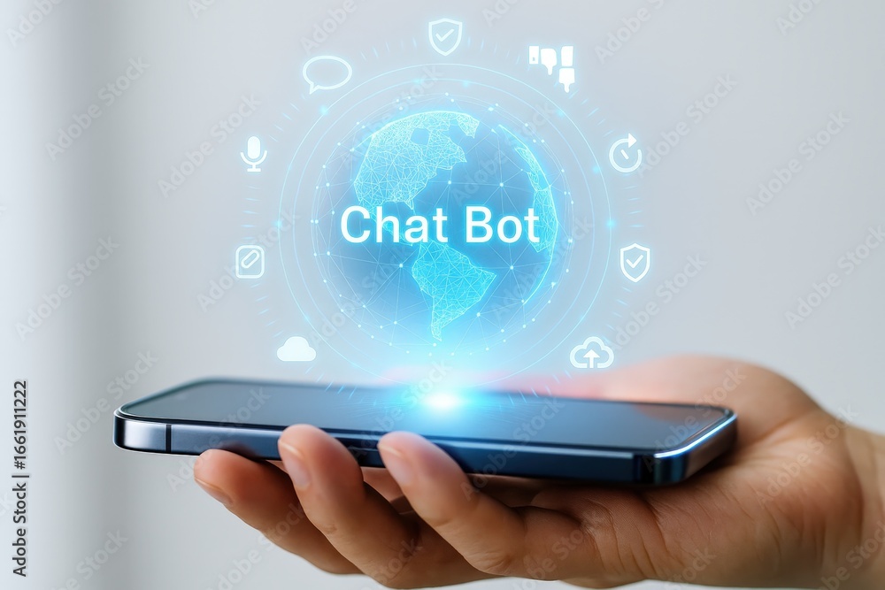 Poster holographic chat bot interface displayed on a modern smartphone, showcasing a digital globe graphic 