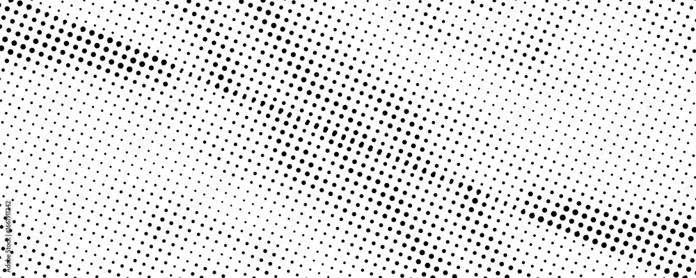 Poster flowing dots particles wave pattern halftone gradient curve shape isolated on white background. vect