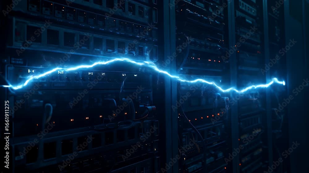 Poster server room data transfer electric pulse animation across network hardware.