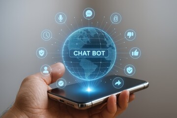 A hand holds a smartphone displaying a digital representation of a globe with the words "chat bot" highlighted, surrounded by various technology icons.