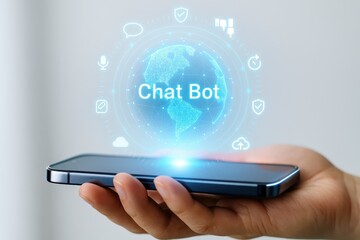Holographic chat bot interface displayed on a modern smartphone, showcasing a digital globe graphic and various application icons.