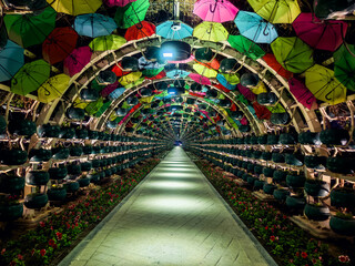 Colorful umbrella tunnel signature for photos. pedestrian crossing, protection from heat and bright...