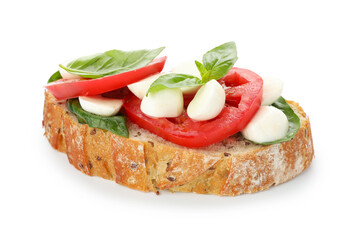 Delicious sandwich with mozzarella cheese, tomatoes and basil isolated on white