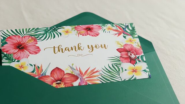 Tropical thank you card in emerald green envelope