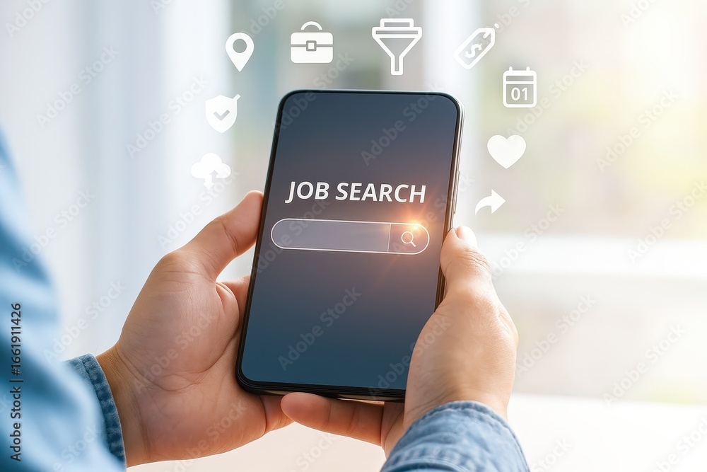 Poster close-up of hands holding a smartphone displaying a job search interface with overlayed icons, highl