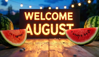 Welcome August with Watermelon Display on Wooden Table at Twilight