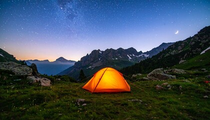 Illuminated orange tent nestled in mountain meadow under a starry night sky