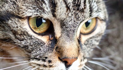 Stunning macro close-up of a gray striped tabby cat, focusing on its mesmerizing yellow-green eyes and detailed nose.