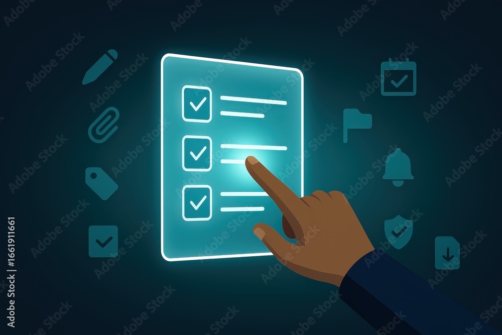 Poster a hand interacts with a glowing digital checklist, highlighting task completion on a dark background