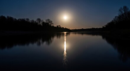 Fototapeta premium Full Moon's Radiant Reflection on Still Waters, Silhouetted Trees and a Starry Night Sky