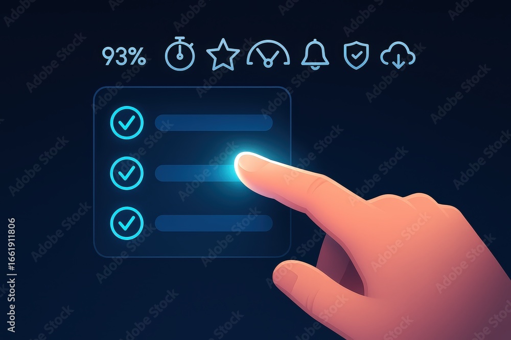 Poster a hand interacts with a glowing checklist interface, highlighting progress and tasks.