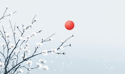 A blossoming oriental sakura cherry branch is set against a blue sky backdrop with a large red sun, depicted in the style of traditional Japanese sumi-e ink wash painting, accompanied by hieroglyphs