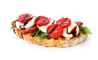 Delicious sandwich with mozzarella cheese, balsamic sauce, tomato and arugula isolated on white
