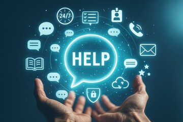 Hands holding a glowing, digital HELP interface, surrounded by various support icons.