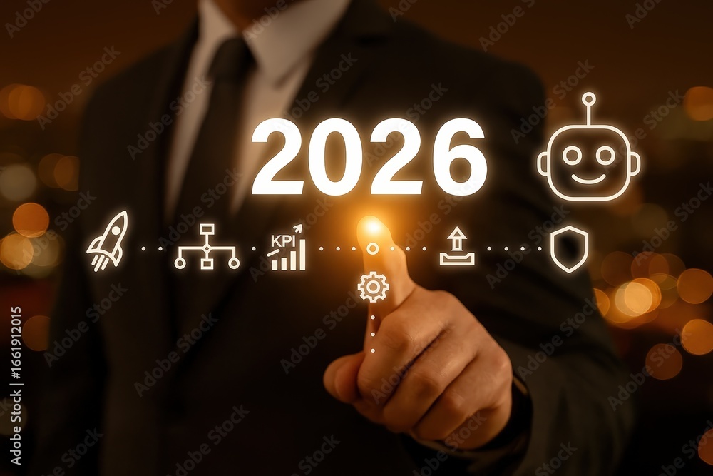 Poster a person in a suit interacts with a projected interface displaying the year 2026 and various busines