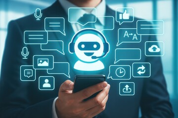 A modern business professional interacts with a digital virtual assistant on a smartphone, showcasing a futuristic concept of communication and support.