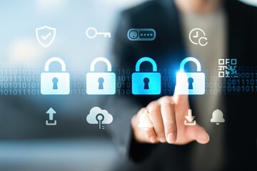 A person interacts with glowing digital security icons overlaid on a background of binary code.