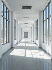 Obraz premium Amplio pasillo de hospital blanco con grandes ventanales