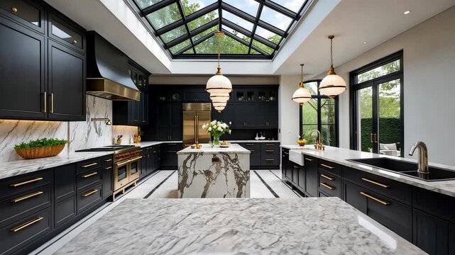 Modern luxury kitchen interior with black cabinets marble island countertops and skylight roof design in daylight