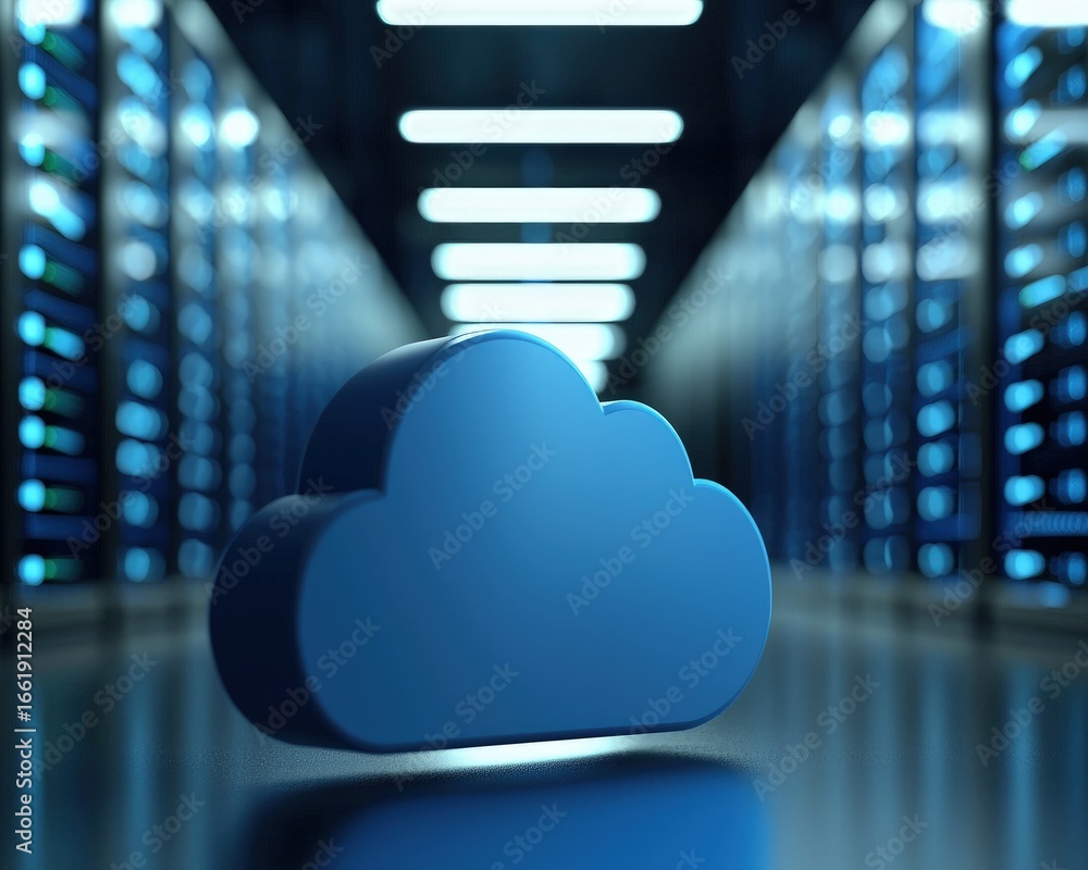 Aufkleber blue 3d cloud symbol in futuristic server room representing cloud computing, data storage, and it in
