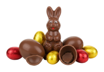 Chocolate easter bunny and colorful eggs festive celebration food studio setting whimsical concept isolated PNG