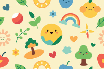 Colorful Cartoon Fruit, Flowers, Rainbows and Trees Pattern on Light Yellow Background