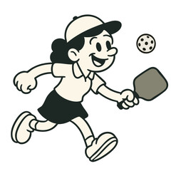 Pickleball player vintage cartoon grooyvy style, retro illustration of pickle ball game
