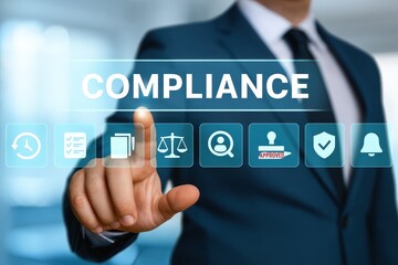 A person in a business suit touches a digital interface displaying the word "COMPLIANCE" and various business-related icons.